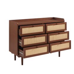 Commode LEON noyer et cannage 6 tiroirs 120cm