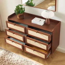 Commode LEON noyer et cannage 6 tiroirs 120cm