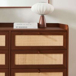 Commode LEON noyer et cannage 6 tiroirs 120cm