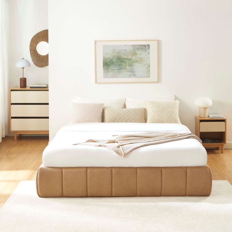 Lit coffre LAVINIA tissu chenille caramel 160x200 sommier inclus