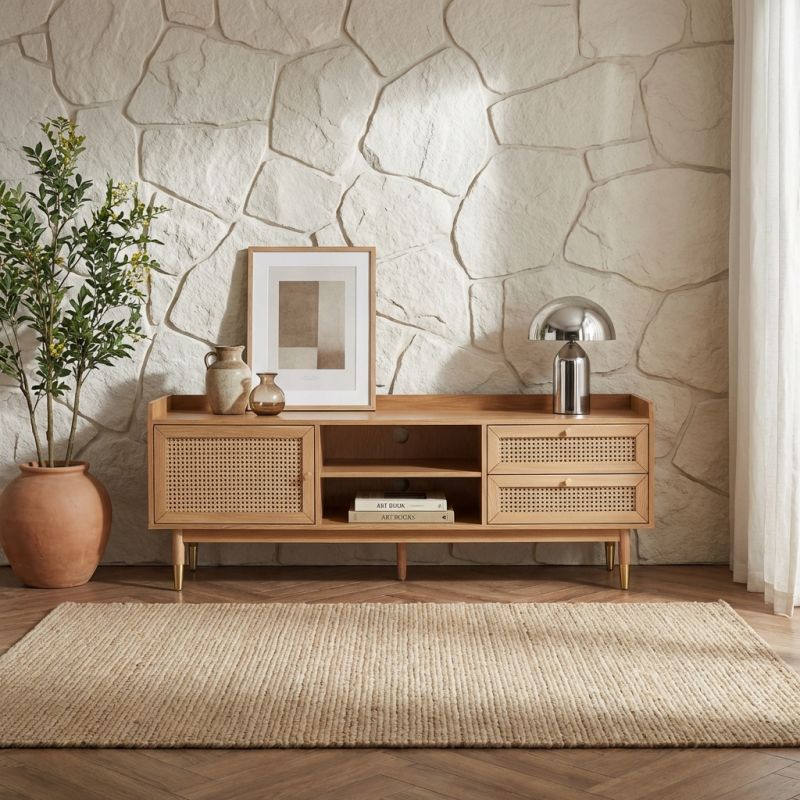 Meuble TV LEON chêne et cannage rotin 160cm