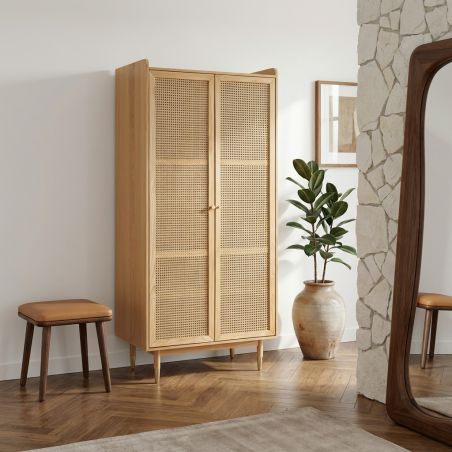 Armoire LEON placage chêne et cannage rotin 2 portes