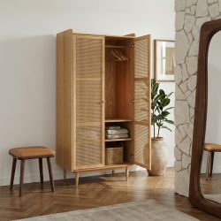Armoire LEON placage chêne et cannage rotin 2 portes