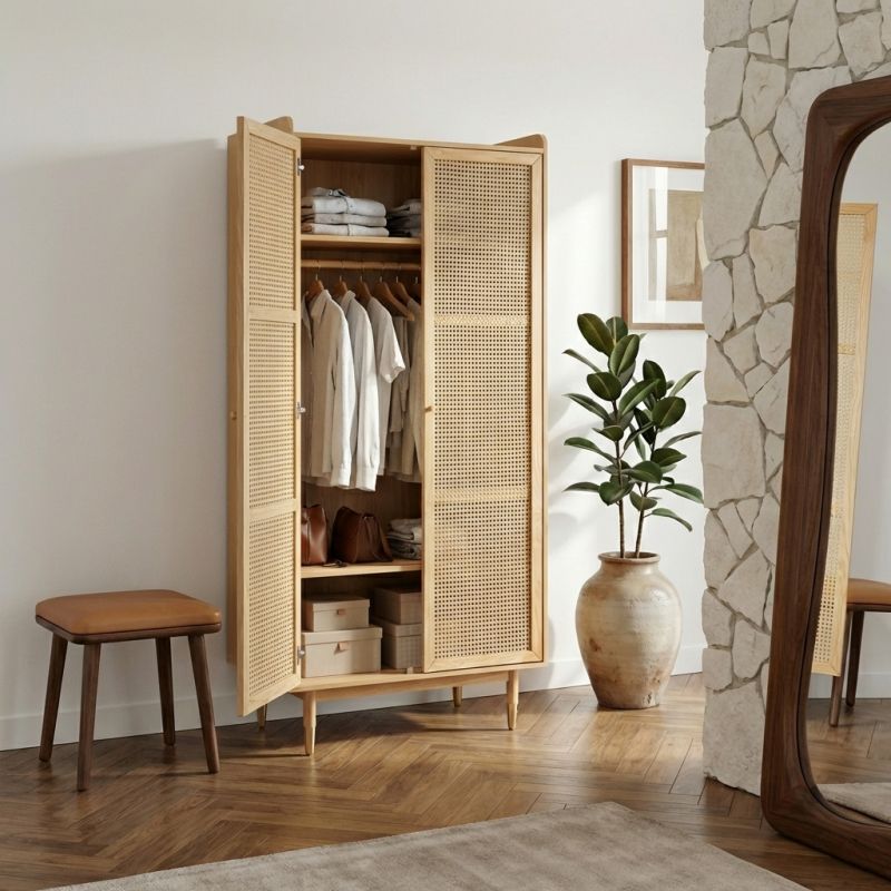 Armoire LEON placage chêne et cannage rotin 2 portes