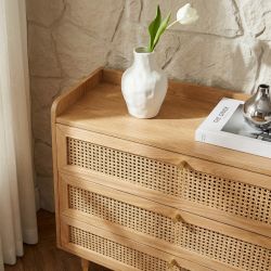 Commode LEON 3 tiroirs placage chêne et cannage rotin 85cm