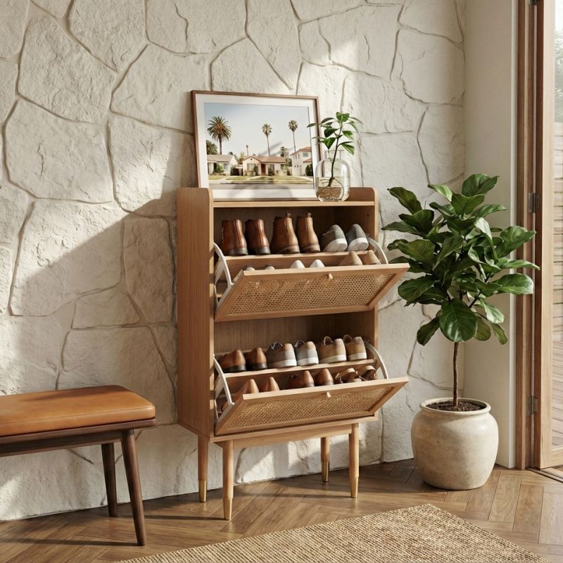 Meuble à chaussures LEON placage chêne et cannage rotin