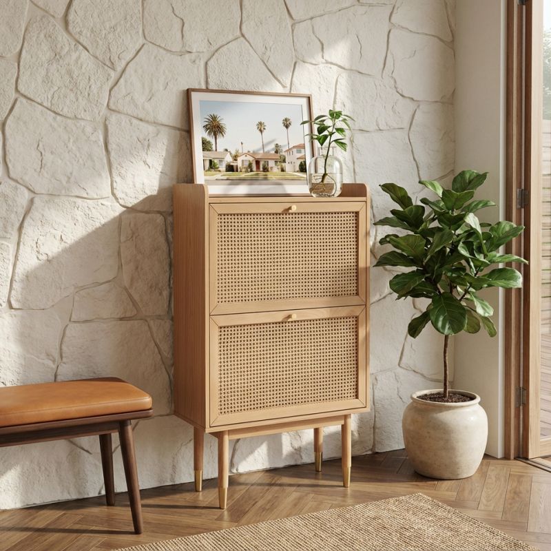 Meuble à chaussures LEON placage chêne et cannage rotin