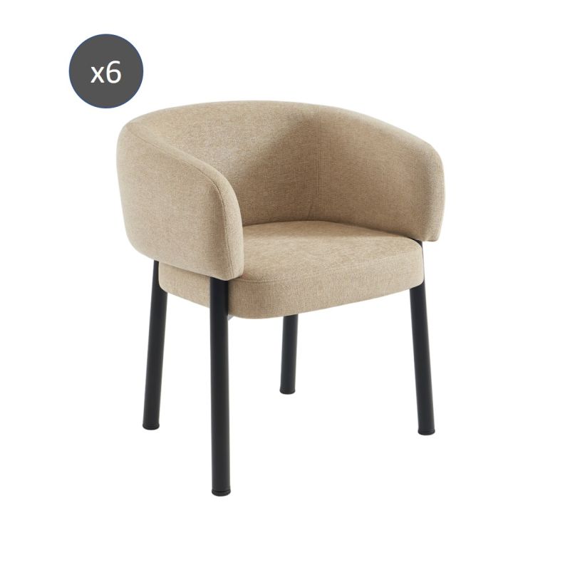 Lot de 6 fauteuils de table ABELIA velours tramé beige et pieds métal noir