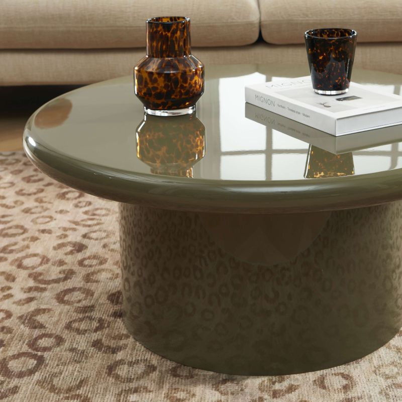 Table basse ronde MOXY finition laquée brillante vert olive 80cm