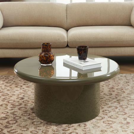 Table basse ronde MOXY finition laquée brillante vert olive 80cm