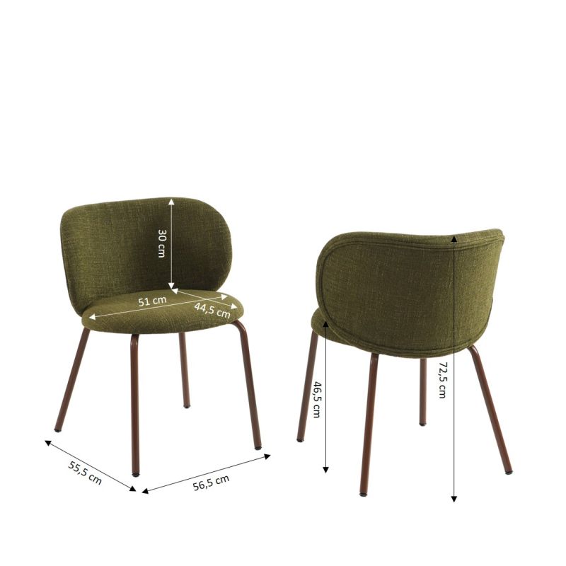 Lot de 2 chaises SERENA tissu chenille vert et pieds métal marron