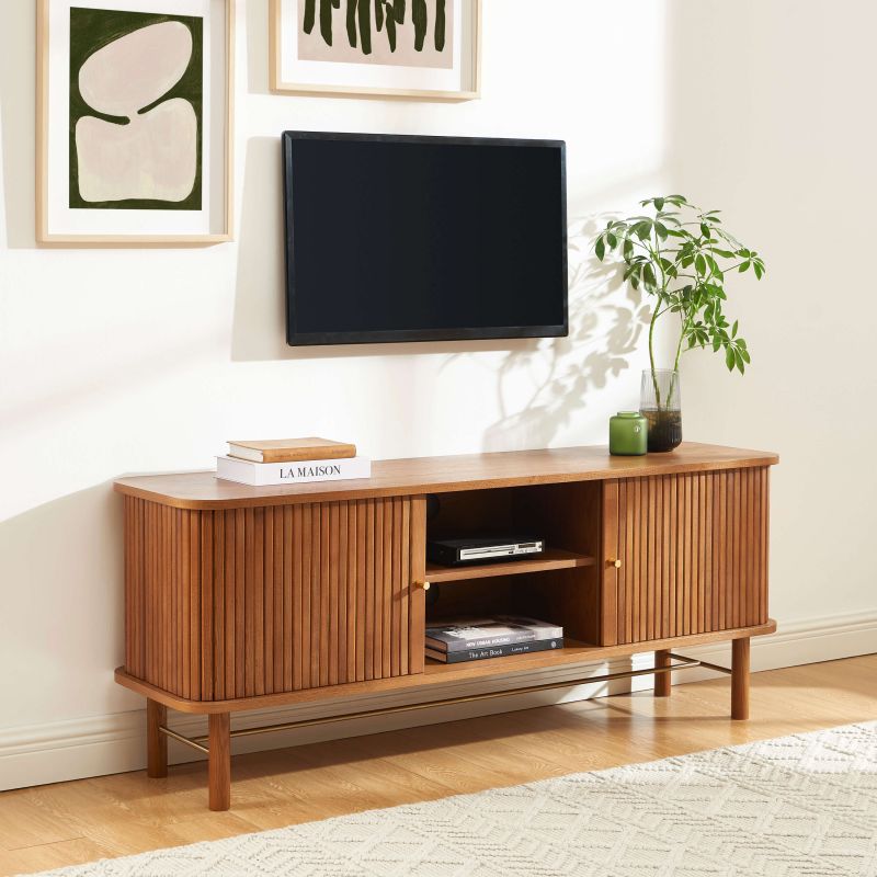 Meuble TV ERNEST frêne foncé portes tambour 150cm