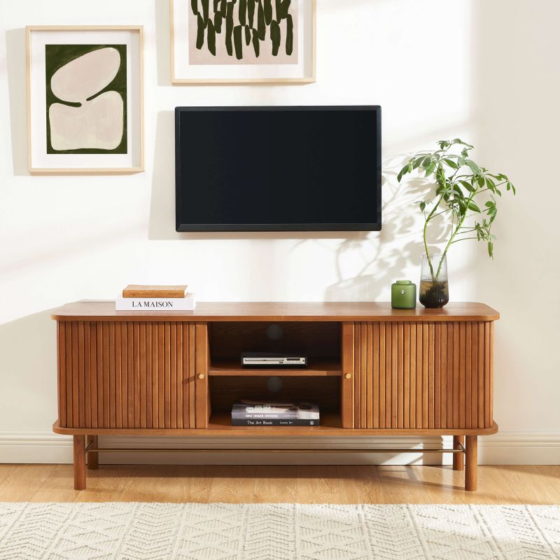 Meuble TV ERNEST frêne foncé portes tambour 150cm