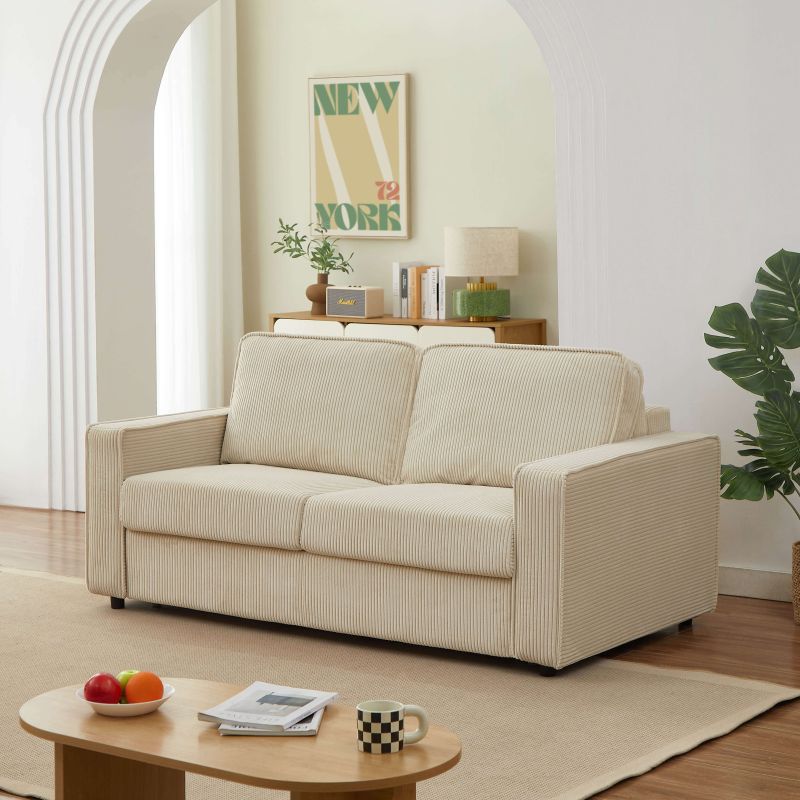 Canapé droit convertible express ROYAL 3 places velours côtelé beige