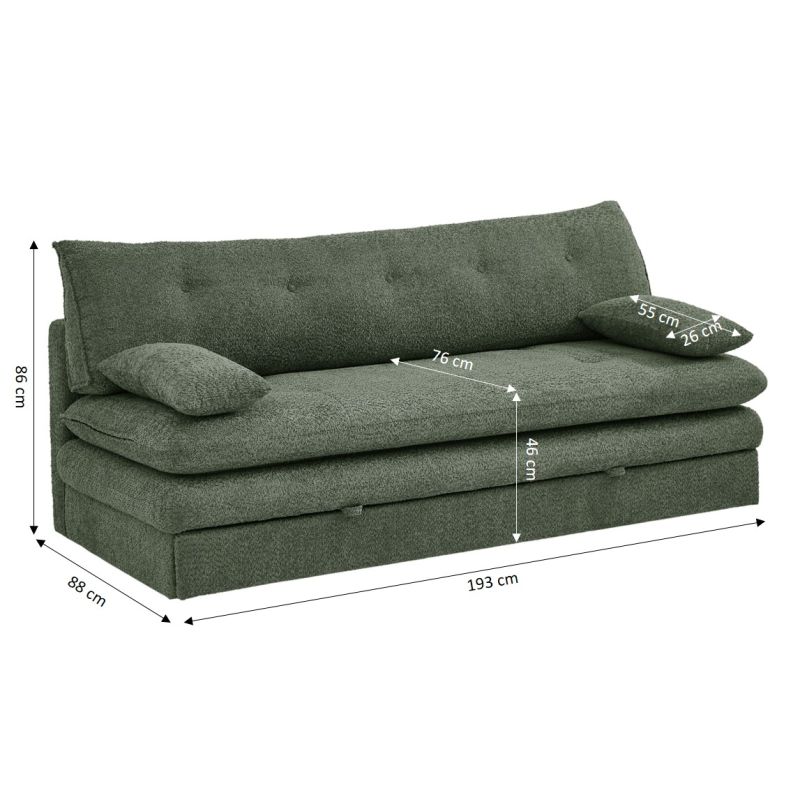 Banquette convertible KIARA 3 places tissu bouclette vert