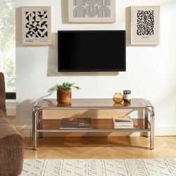 Meuble TV MAGGY verre trempé orange foncé et structure en chrome