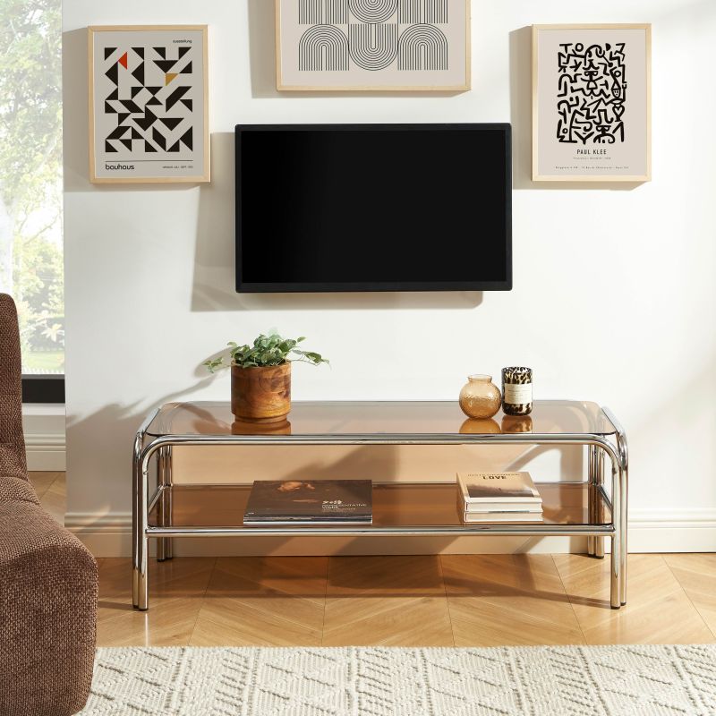 Meuble TV MAGGY verre trempé orange foncé et structure en chrome