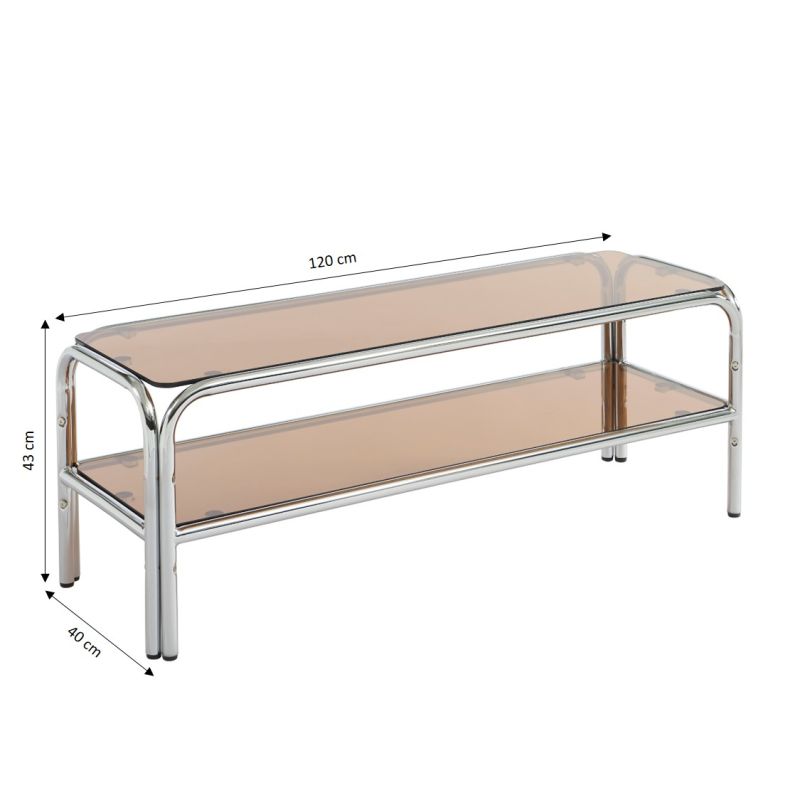 Meuble TV MAGGY verre trempé orange foncé et structure en chrome