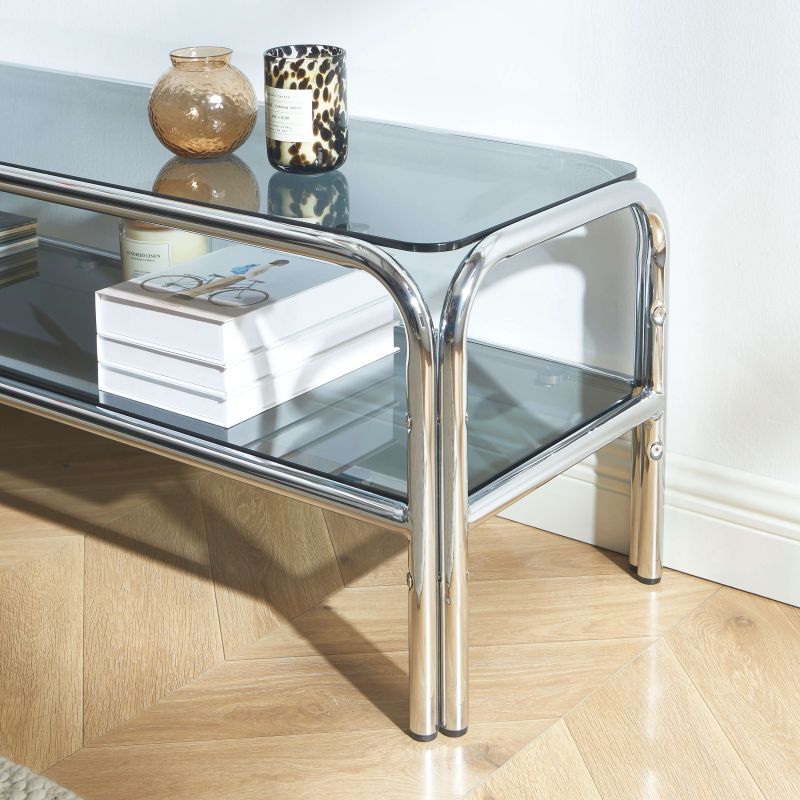 Meuble TV MAGGY verre trempé noir et structure en chrome 160cm