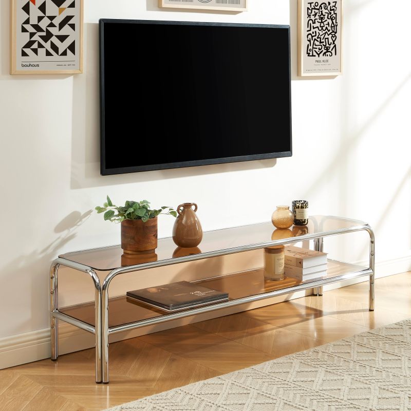 Meuble TV MAGGY verre trempé orange et structure en chrome 160cm