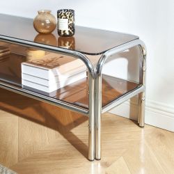 Meuble TV MAGGY verre trempé orange et structure en chrome 160cm