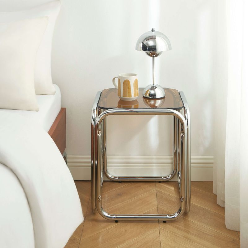 Table d'appoint MAGGY verre trempé orange structure en chrome