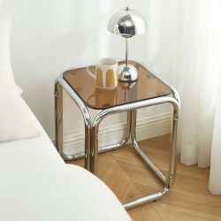 Table d'appoint MAGGY verre trempé orange structure en chrome