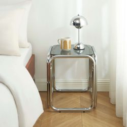 Table d'appoint MAGGY verre trempé noir structure en chrome