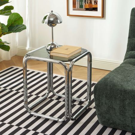 Table d'appoint MAGGY verre trempé noir structure en chrome