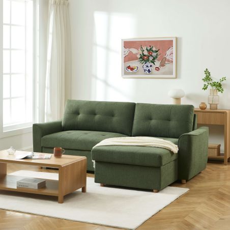 Canapé d'angle convertible et réversible TAMARA 4 places tissu texturé vert