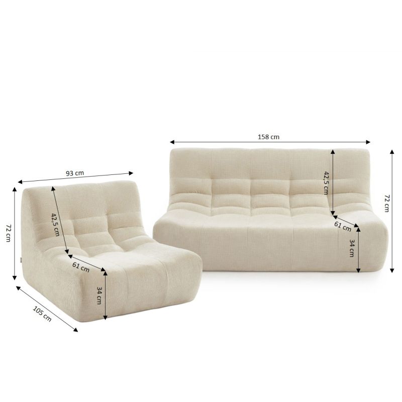 Ensemble banquette et chauffeuse JANIS modulable 3 places tissu chenille écru