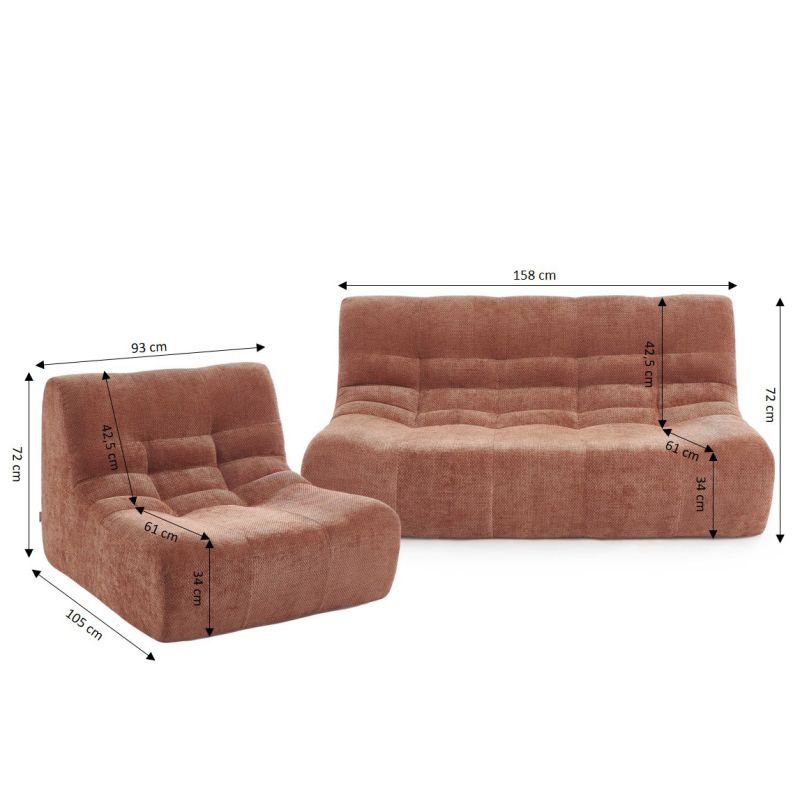 Ensemble banquette et chauffeuse JANIS modulable 3 places tissu chenille terracotta