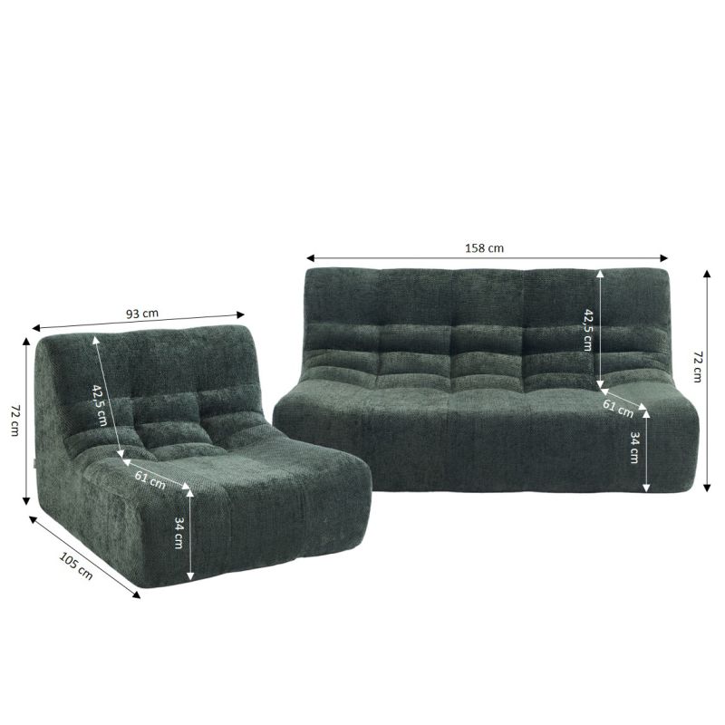 Ensemble banquette et chauffeuse JANIS modulable 3 places tissu chenille vert