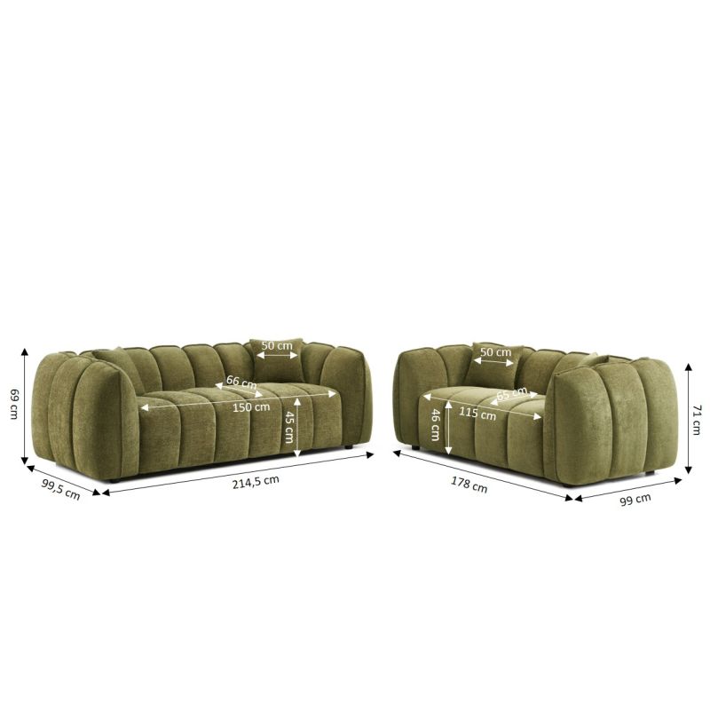 Ensemble canapés droits fixes 3+2 MATILDA tissu chenille vert