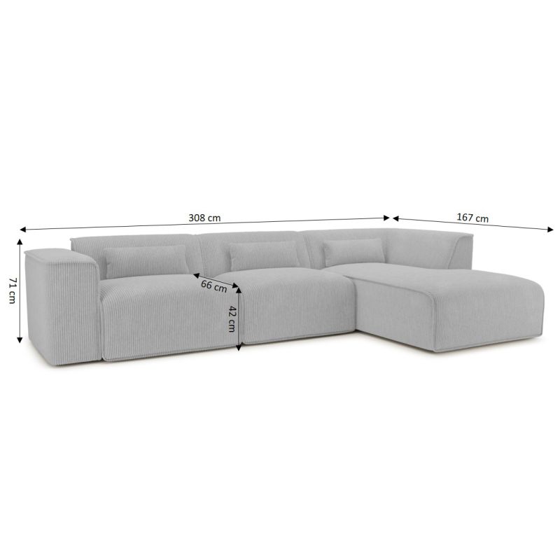 Canapé d'angle droit fixe NUNA 5/6 places velours côtelé gris