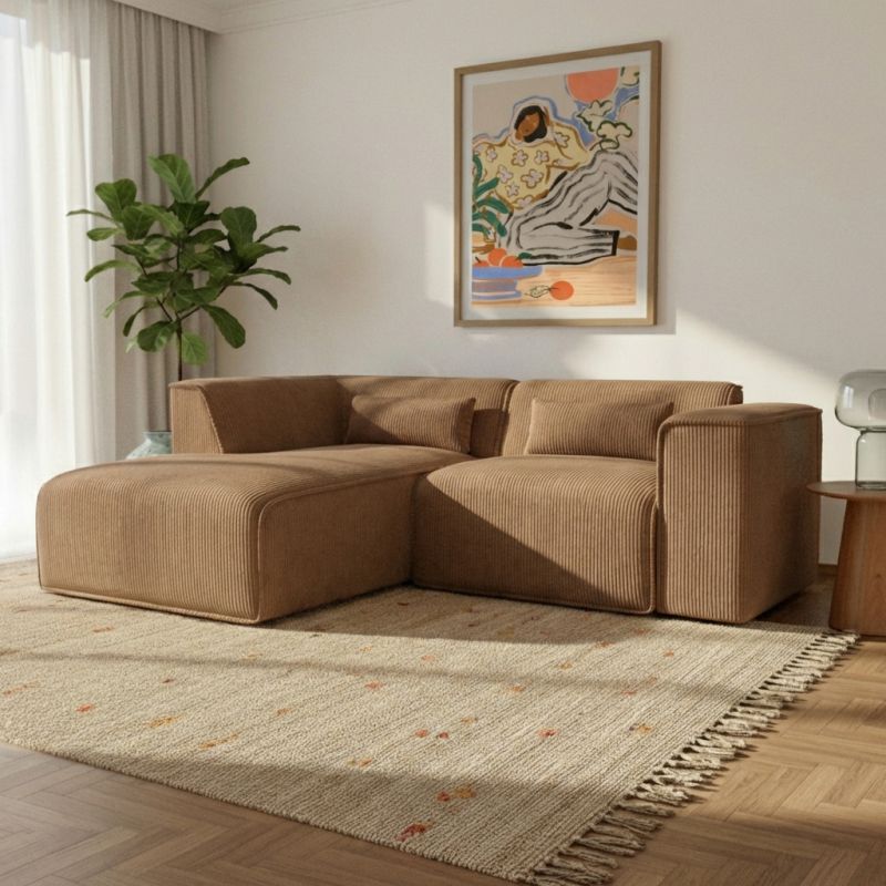 Canapé d'angle gauche fixe NUNA 4 places velours côtelé marron