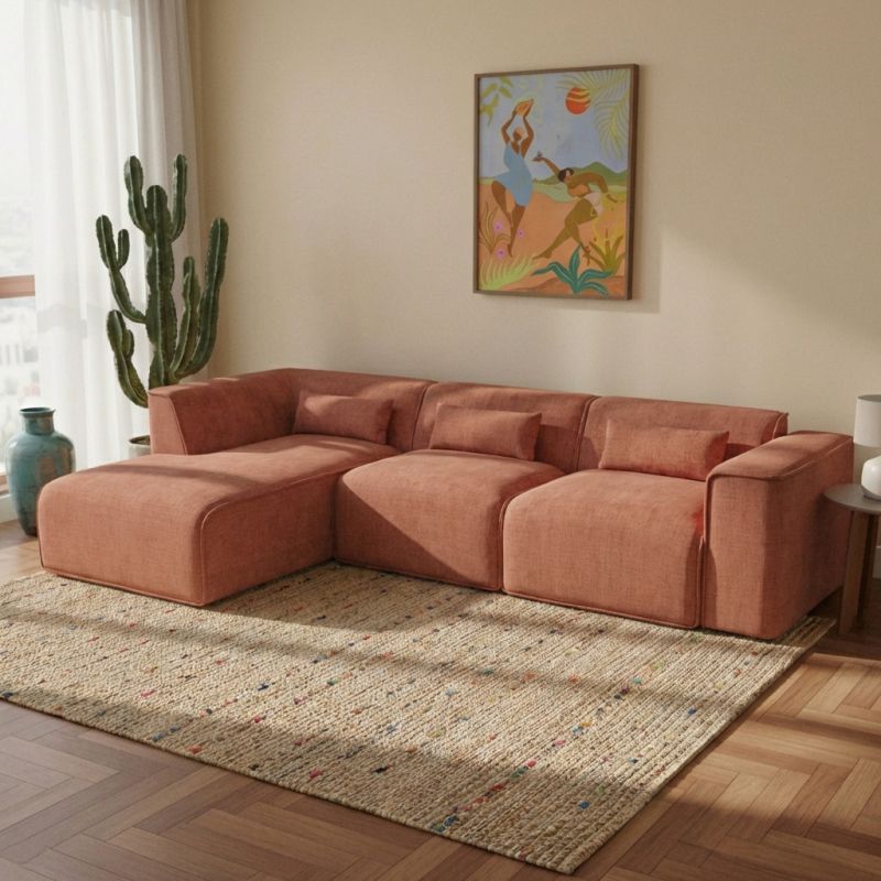 Canapé d'angle gauche fixe NUNA 5/6 places tissu terracotta