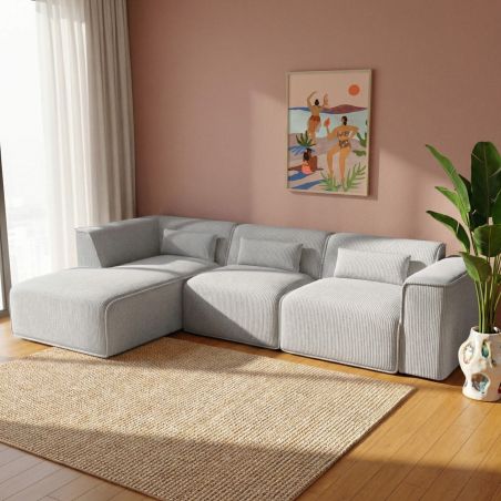 Canapé d'angle gauche fixe NUNA 5/6 places velours côtelé gris
