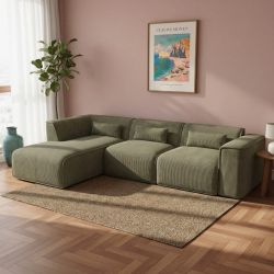 Canapé d'angle gauche fixe NUNA 5/6 places velours côtelé vert
