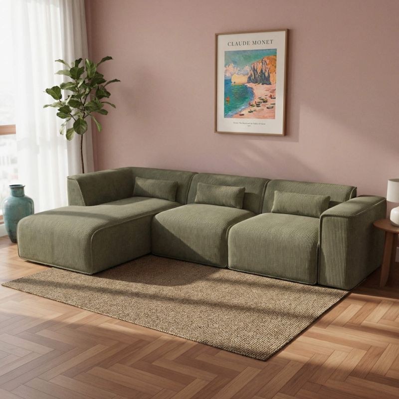 Canapé d'angle gauche fixe NUNA 5/6 places velours côtelé vert
