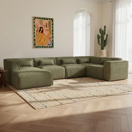 Canapé panoramique fixe NUNA 7 places chaise gauche velours côtelé vert