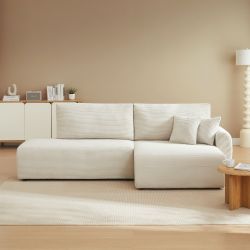Canapé d'angle droit ouvert convertible DANILO 4 places velours côtelé beige
