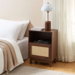 Lot 2 tables de chevet HARIA effet noyer et rotin