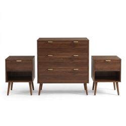 Ensemble commode et 2 tables de chevet JEANNE effet noyer