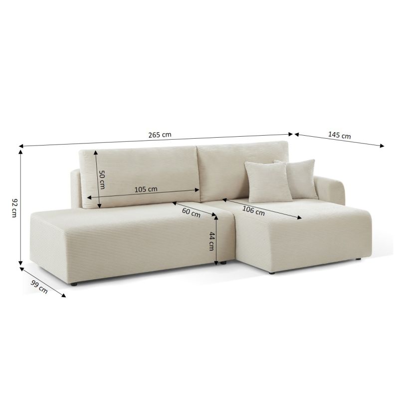 Canapé d'angle droit ouvert convertible DANILO 4 places velours côtelé beige