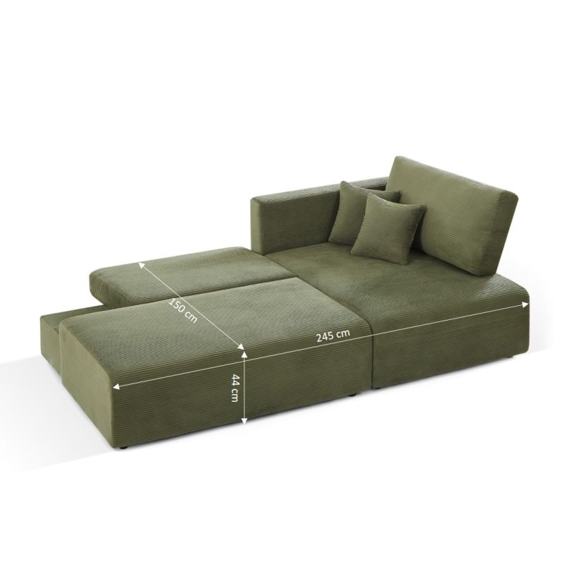 Canapé d'angle droit ouvert convertible DANILO 4 places velours côtelé vert