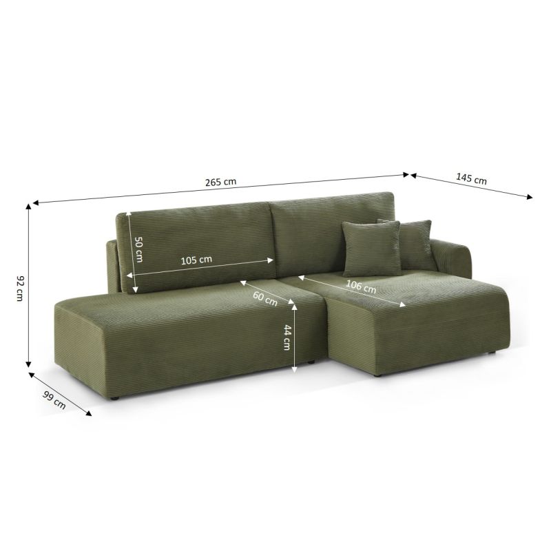 Canapé d'angle droit ouvert convertible DANILO 4 places velours côtelé vert