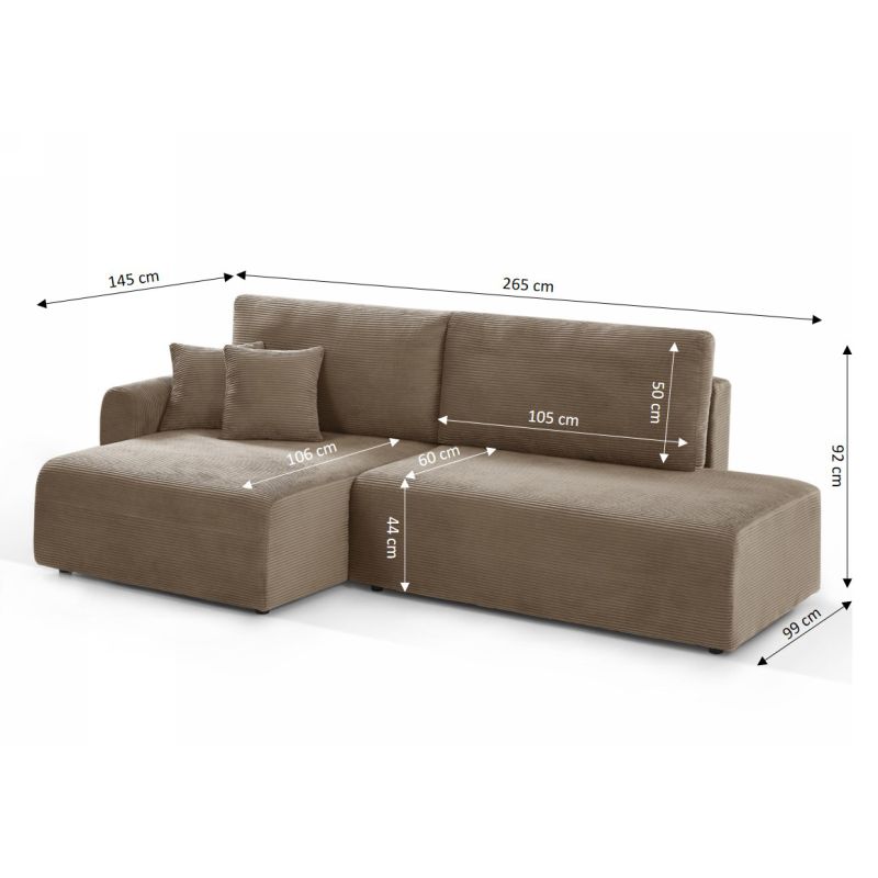 Canapé d'angle gauche ouvert convertible DANILO 4 places velours côtelé taupe