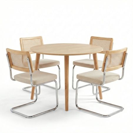 Ensemble repas table extensible ORACLE placage chêne et lot de 4 chaises ELLA velours côtelé écru et cannage