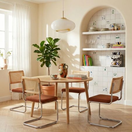 Ensemble repas table extensible ORACLE placage chêne et lot de 4 chaises ELLA velours côtelé terracotta et cannage